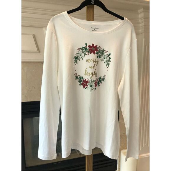 Studio Works Women’s White Long Sleeve “Merry and Bright” Festive Crew Neck Shir - Picture 1 of 7
